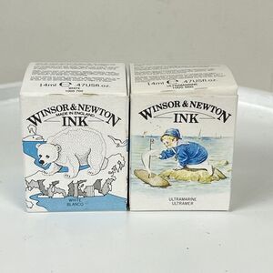 2 Winsor & Newton England Drawing Ink New in Box White &‎ Ultramarine 14 ml